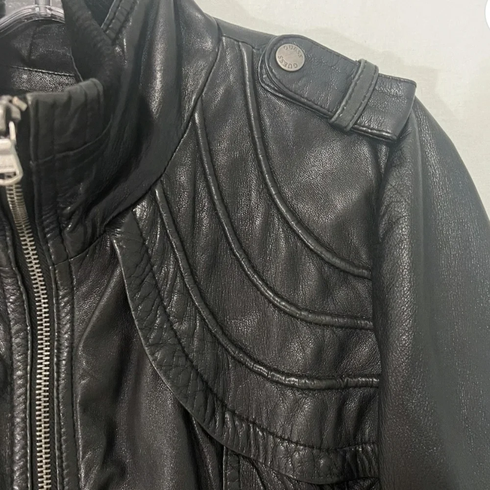 Vintage Y2K Guess Leather Bomber Jacket Sz. Large Black Butter Soft Leather - Picture 4 of 8